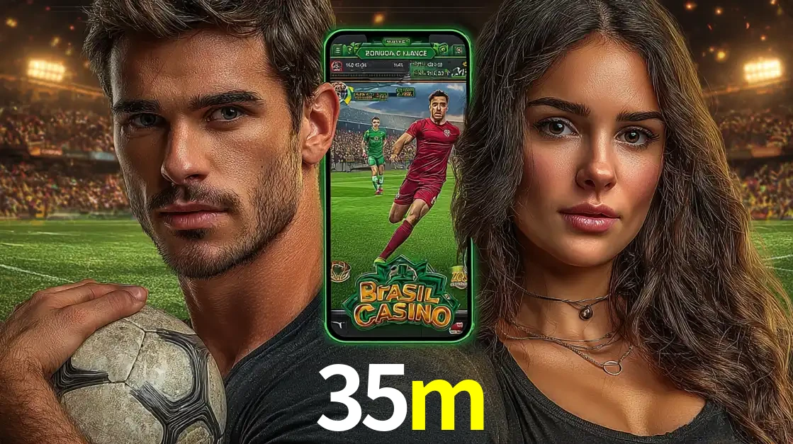 Homem segurando uma bola de futebol e uma mulher ao lado de um smartphone exibindo o jogo de apostas esportivas da 35m. Faça seu palpite no cassino online.